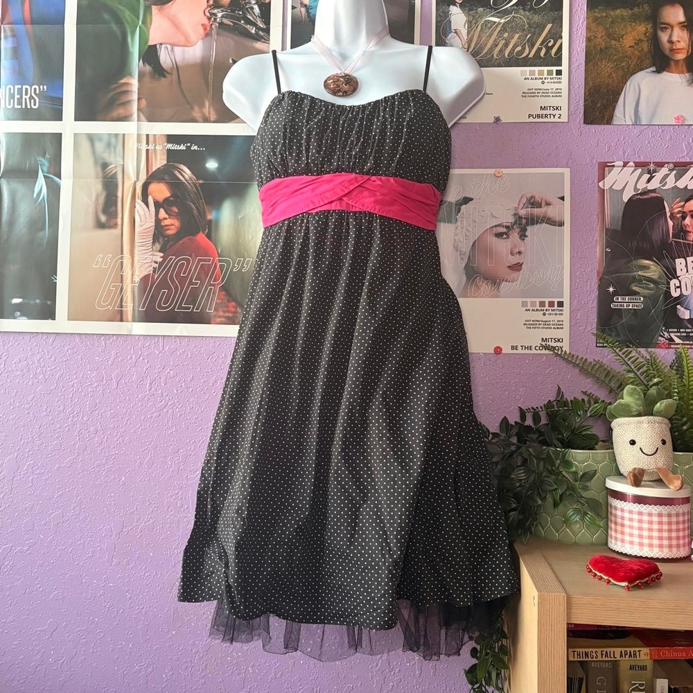Black Polka Dot Pink Bow Tulle Midi Dress